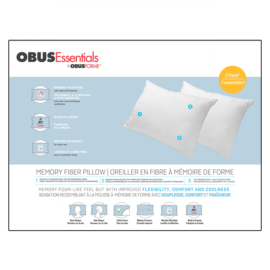 ObusEssentials Fiber Filled Pillow - 2 Pack - Image 3